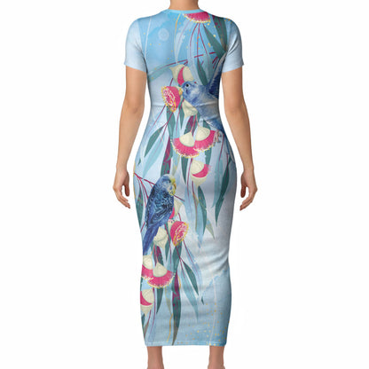 Australia Blue Budgie Marble Glaze Short Sleeve Bodycon Dress Cancer Prevention