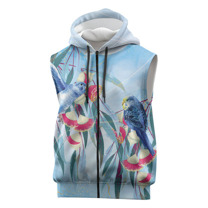 Australia Blue Budgie Marble Glaze Sleeveless Zip Hoodie Cancer Prevention
