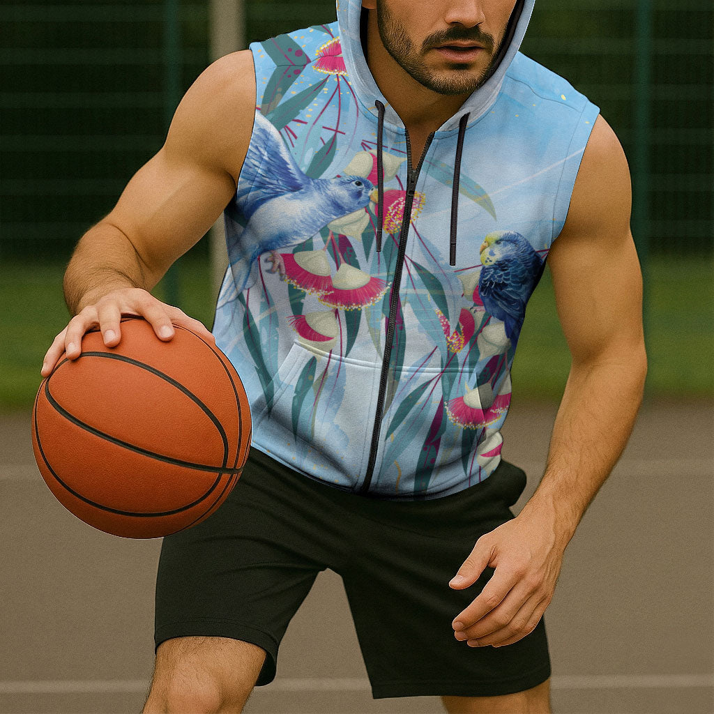 Australia Blue Budgie Marble Glaze Sleeveless Zip Hoodie Cancer Prevention