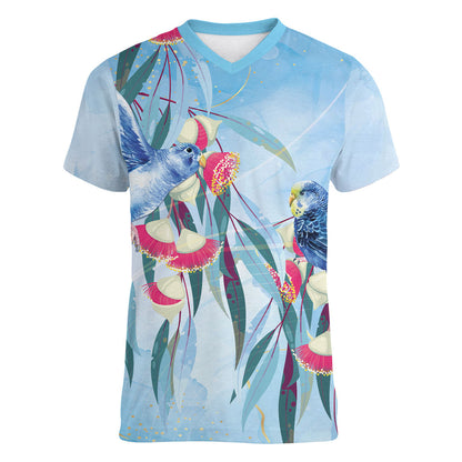 Australia Blue Budgie Marble Glaze Women V-Neck T-Shirt Cancer Prevention