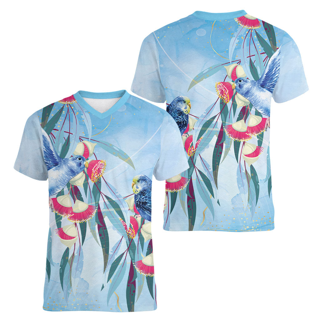 Australia Blue Budgie Marble Glaze Women V-Neck T-Shirt Cancer Prevention