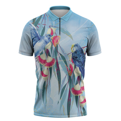 Australia Blue Budgie Marble Glaze Zipper Polo Shirt Cancer Prevention