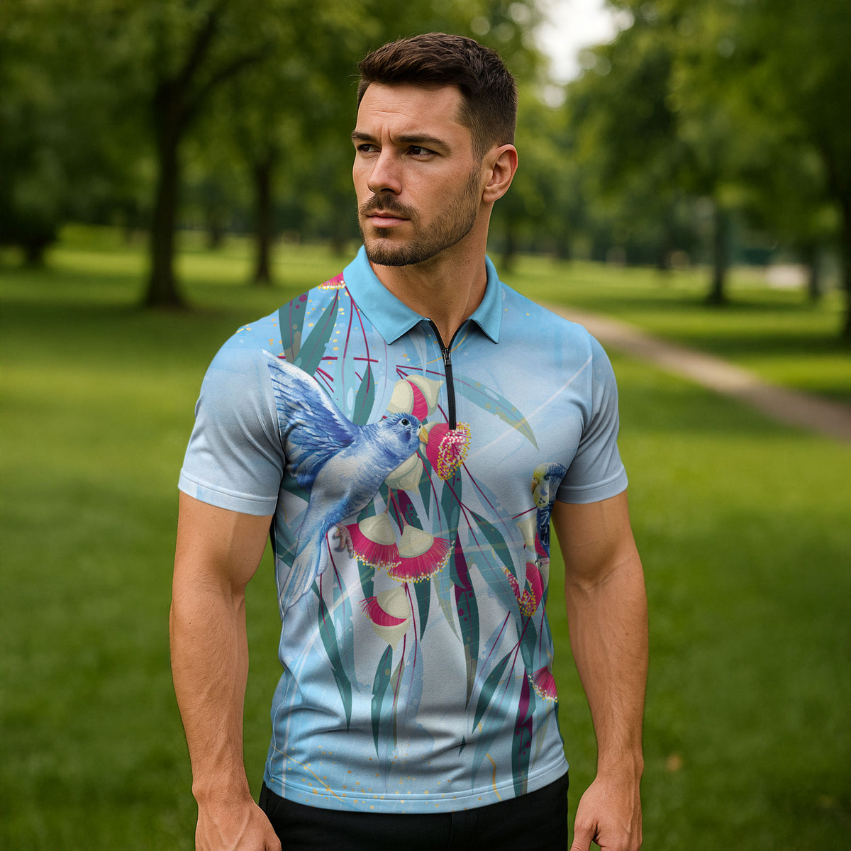 Australia Blue Budgie Marble Glaze Zipper Polo Shirt Cancer Prevention