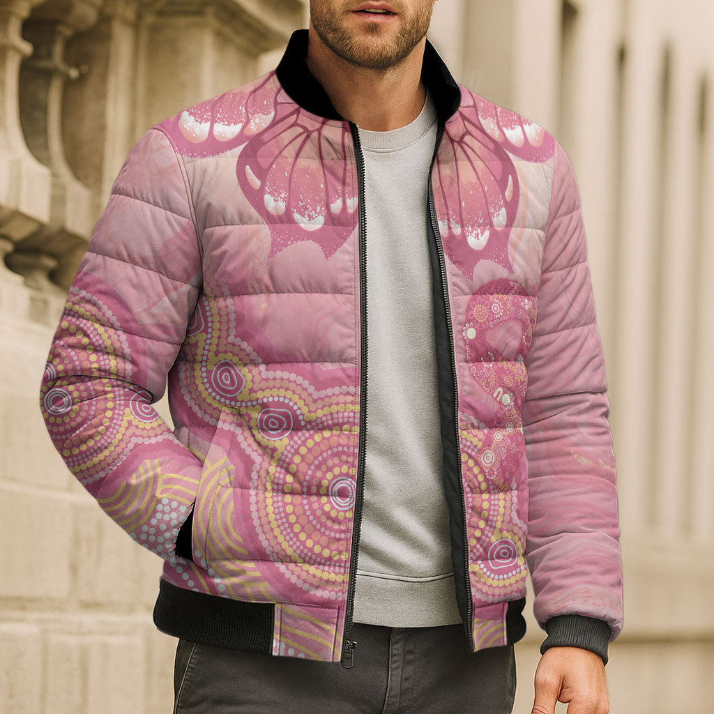 Dreamy Butterfly Collar Australia Breast Cancer Pink Bomber Puffer Jacket Indigenous Art