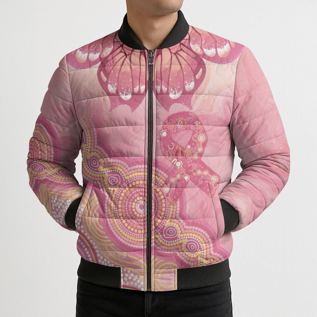 Dreamy Butterfly Collar Australia Breast Cancer Pink Bomber Puffer Jacket Indigenous Art