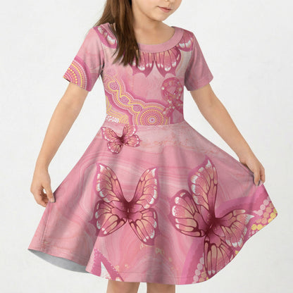 Dreamy Butterfly Collar Australia Breast Cancer Pink Kid Short Sleeve Dress Indigenous Art