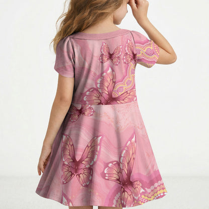 Dreamy Butterfly Collar Australia Breast Cancer Pink Kid Short Sleeve Dress Indigenous Art