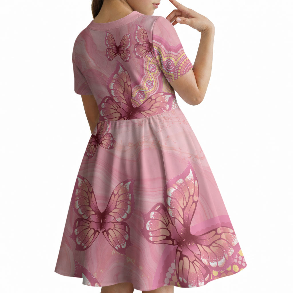 Dreamy Butterfly Collar Australia Breast Cancer Pink Kid Short Sleeve Dress Indigenous Art