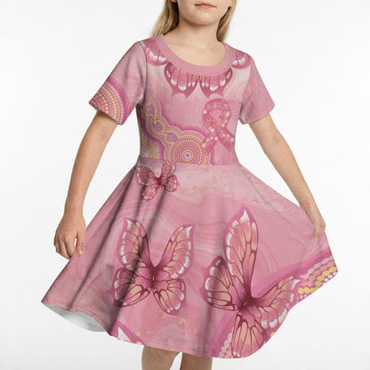Dreamy Butterfly Collar Australia Breast Cancer Pink Kid Short Sleeve Dress Indigenous Art