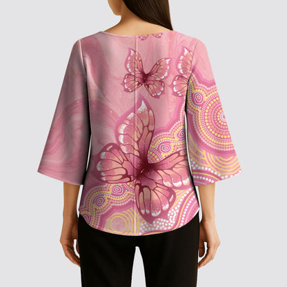 Dreamy Butterfly Collar Australia Breast Cancer Pink Kimono Sleeve Blouse Indigenous Art