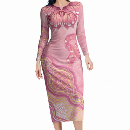 Dreamy Butterfly Collar Australia Breast Cancer Pink Long Sleeve Bodycon Dress Indigenous Art