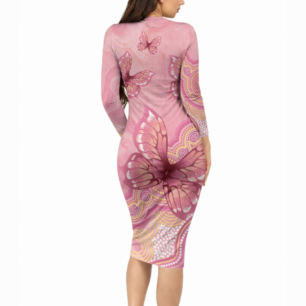 Dreamy Butterfly Collar Australia Breast Cancer Pink Long Sleeve Bodycon Dress Indigenous Art
