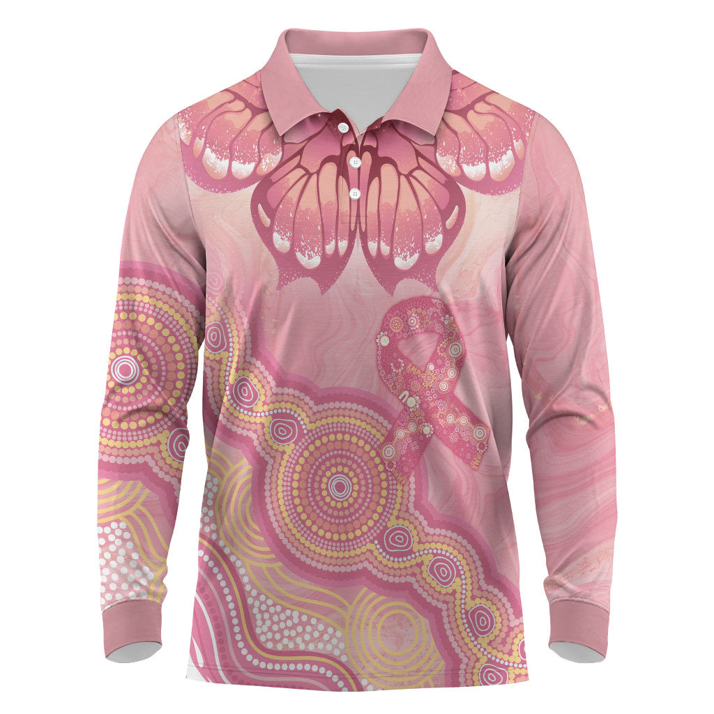 Dreamy Butterfly Collar Australia Breast Cancer Pink Long Sleeve Polo Shirt Indigenous Art