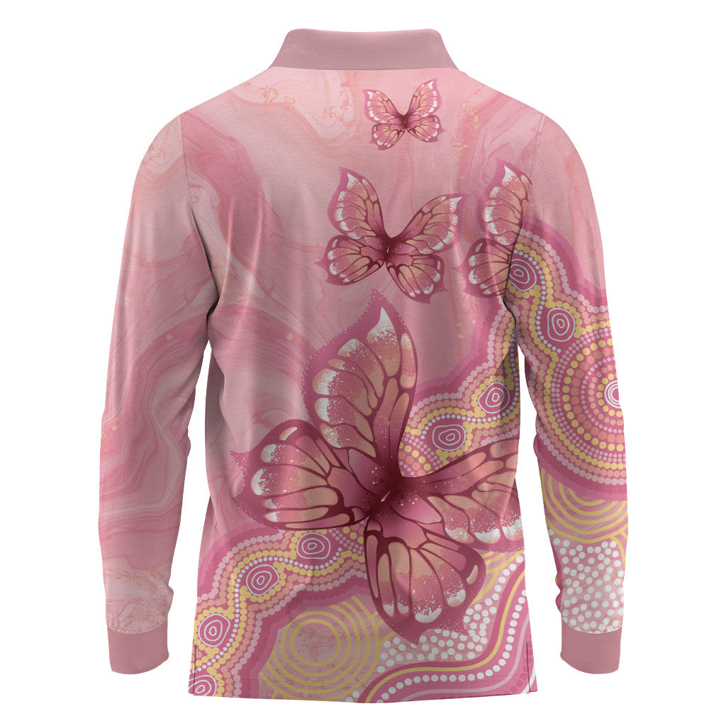 Dreamy Butterfly Collar Australia Breast Cancer Pink Long Sleeve Polo Shirt Indigenous Art