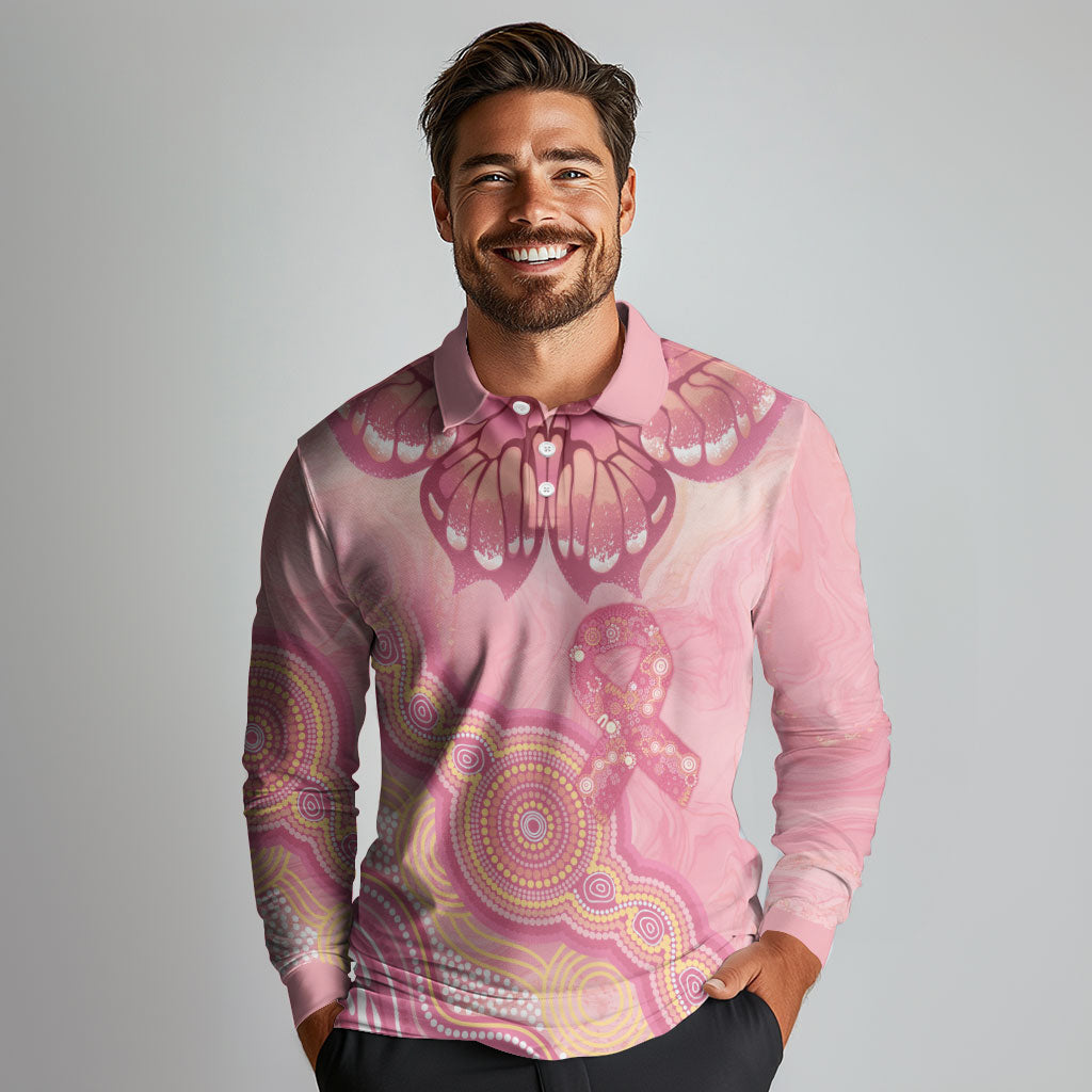 Dreamy Butterfly Collar Australia Breast Cancer Pink Long Sleeve Polo Shirt Indigenous Art