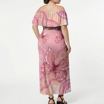 Dreamy Butterfly Collar Australia Breast Cancer Pink Off Shoulder Maxi Dress Indigenous Art