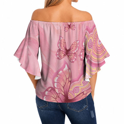 Dreamy Butterfly Collar Australia Breast Cancer Pink Off Shoulder Wrap Waist Top Indigenous Art