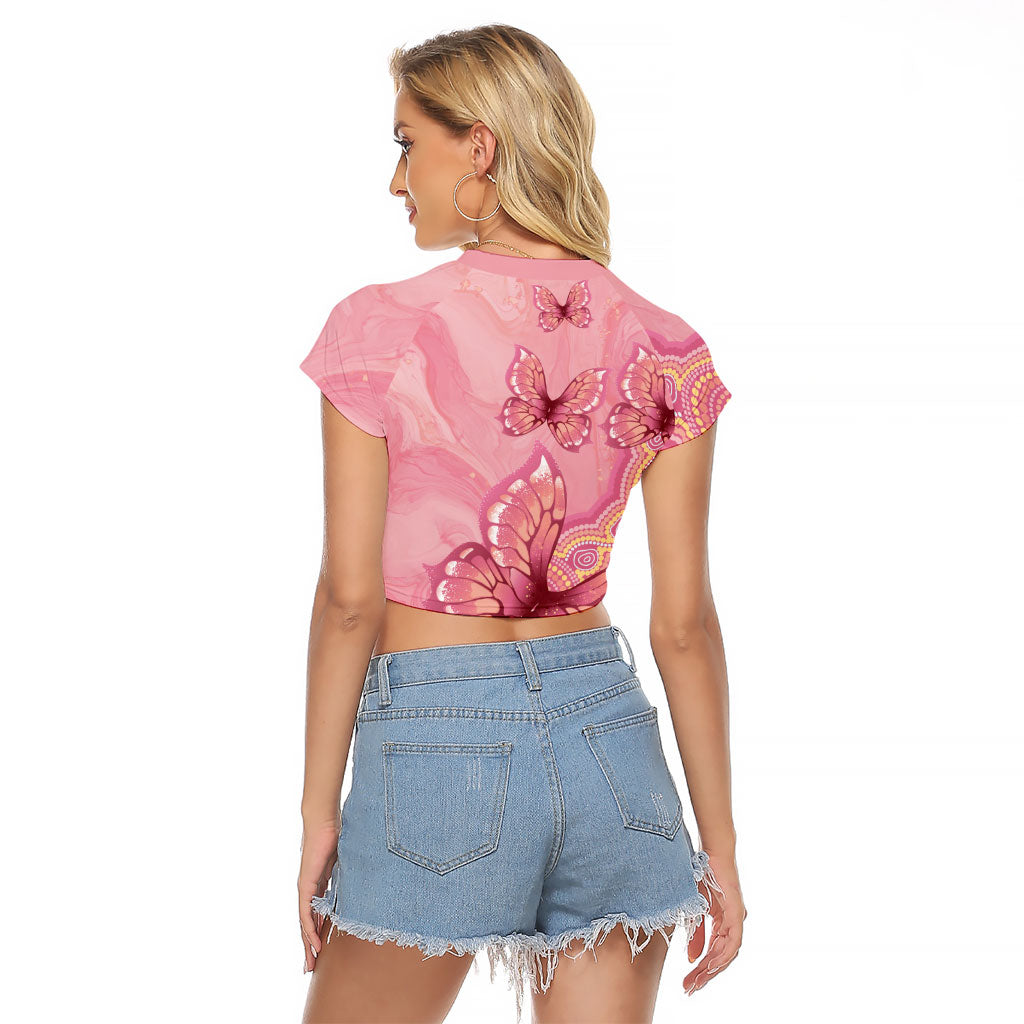 Dreamy Butterfly Collar Australia Breast Cancer Pink Raglan Cropped T Shirt Indigenous Art