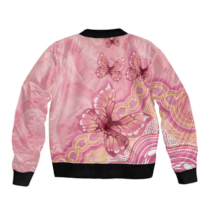 Dreamy Butterfly Collar Australia Breast Cancer Pink Sleeve Zip Bomber Jacket Indigenous Art