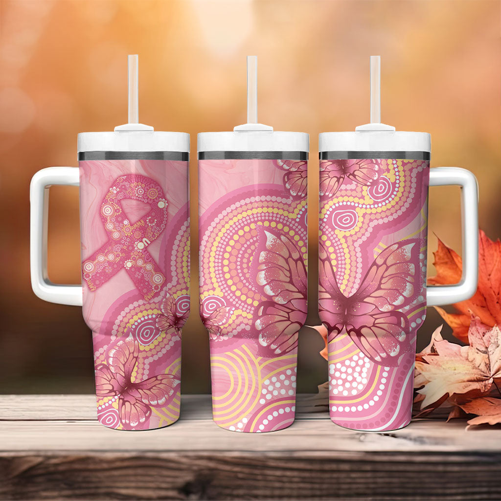 Dreamy Butterfly Collar Australia Breast Cancer Pink Tumbler With Handle Indigenous Art