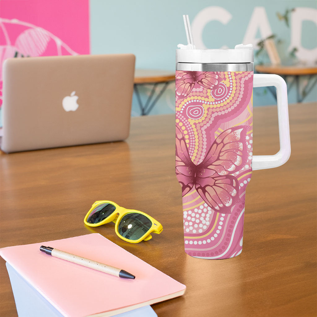 Dreamy Butterfly Collar Australia Breast Cancer Pink Tumbler With Handle Indigenous Art