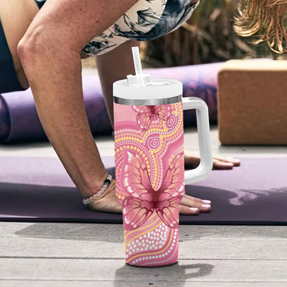 Dreamy Butterfly Collar Australia Breast Cancer Pink Tumbler With Handle Indigenous Art