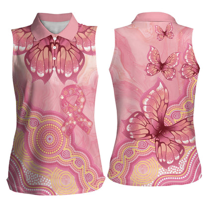 Dreamy Butterfly Collar Australia Breast Cancer Pink Women Sleeveless Polo Shirt Indigenous Art
