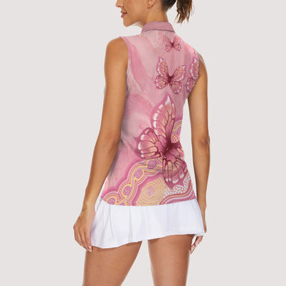 Dreamy Butterfly Collar Australia Breast Cancer Pink Women Sleeveless Polo Shirt Indigenous Art