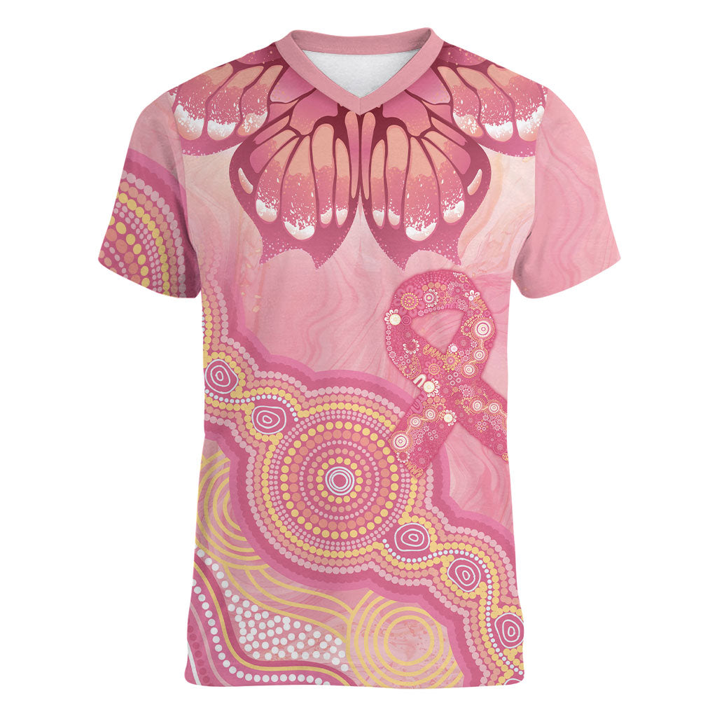 Dreamy Butterfly Collar Australia Breast Cancer Pink Women V-Neck T-Shirt Indigenous Art