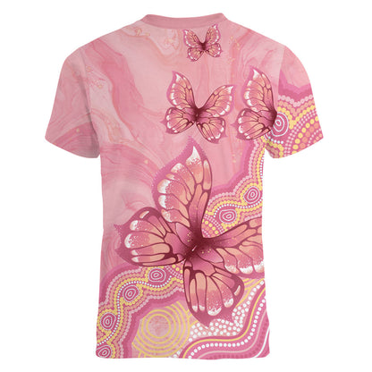 Dreamy Butterfly Collar Australia Breast Cancer Pink Women V-Neck T-Shirt Indigenous Art