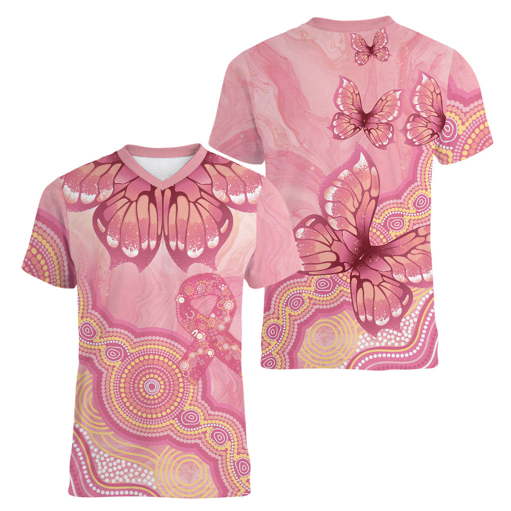 Dreamy Butterfly Collar Australia Breast Cancer Pink Women V-Neck T-Shirt Indigenous Art