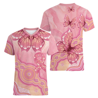 Dreamy Butterfly Collar Australia Breast Cancer Pink Women V-Neck T-Shirt Indigenous Art