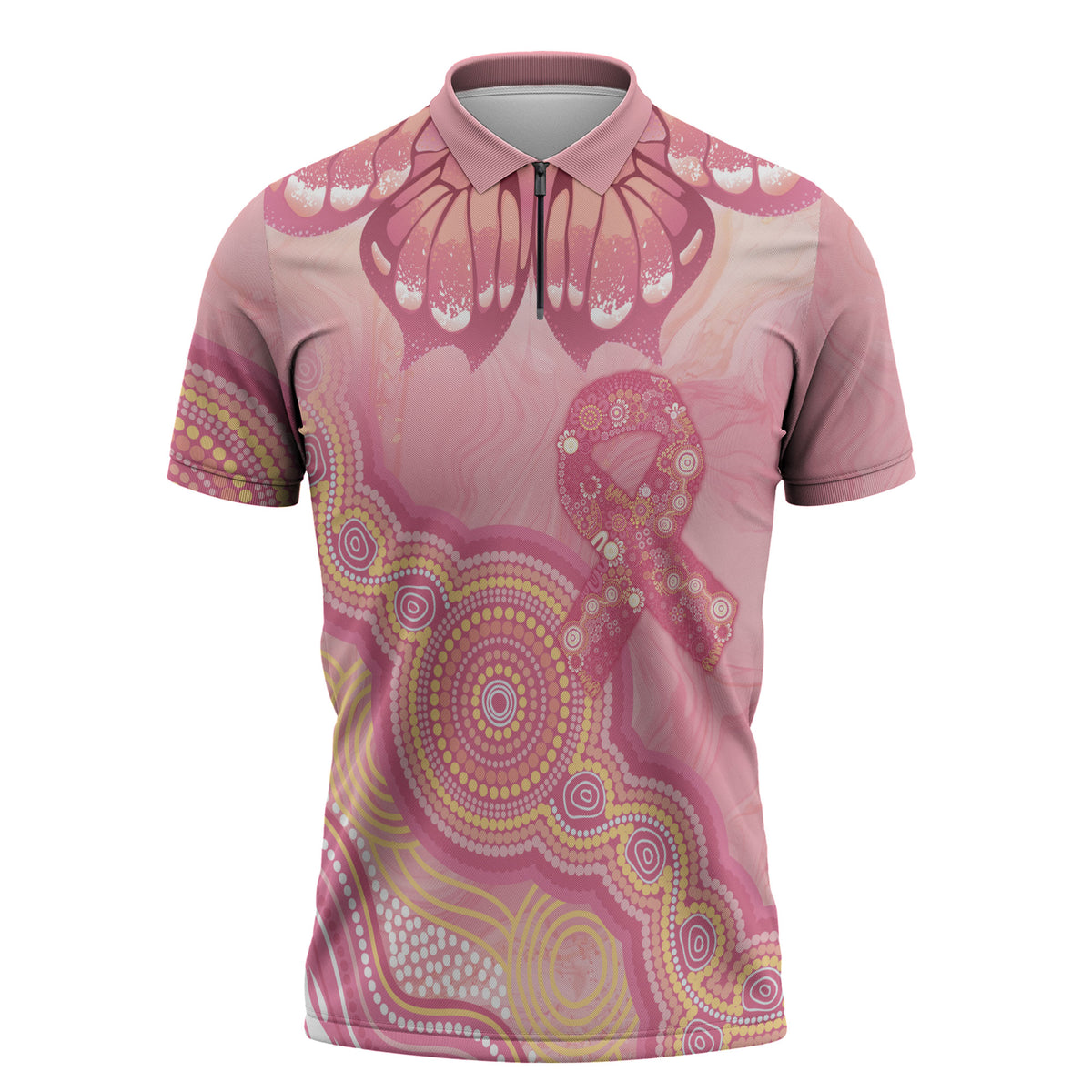 Dreamy Butterfly Collar Australia Breast Cancer Pink Zipper Polo Shirt Indigenous Art