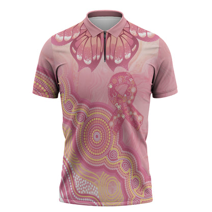 Dreamy Butterfly Collar Australia Breast Cancer Pink Zipper Polo Shirt Indigenous Art