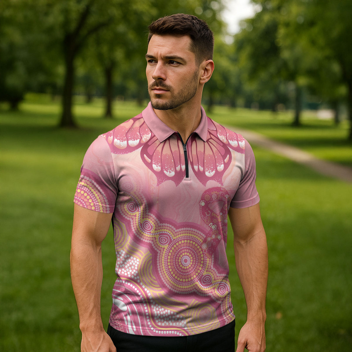 Dreamy Butterfly Collar Australia Breast Cancer Pink Zipper Polo Shirt Indigenous Art