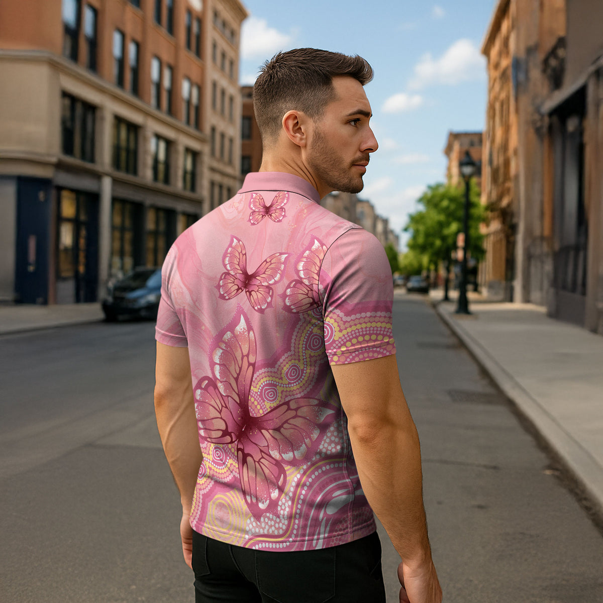 Dreamy Butterfly Collar Australia Breast Cancer Pink Zipper Polo Shirt Indigenous Art