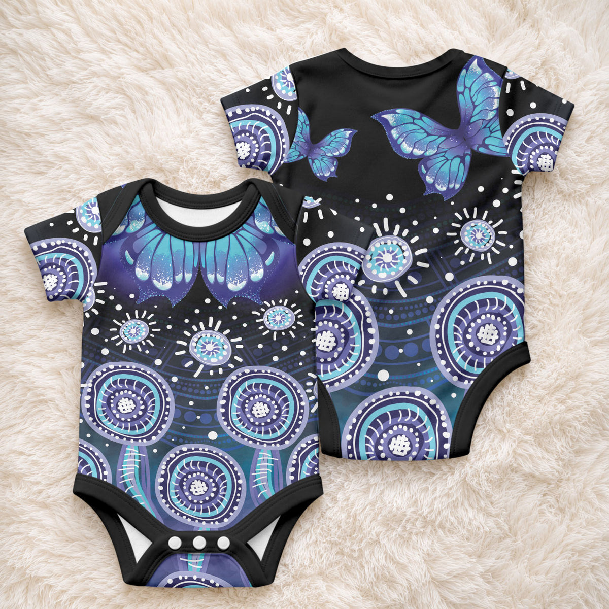 Dreamy Butterfly Collar Australia Purple Teal Hopeful Sky Baby Onesie Indigenous Aboriginal Art