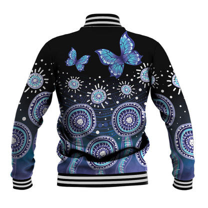 Dreamy Butterfly Collar Australia Purple Teal Hopeful Sky Baseball Jacket Indigenous Aboriginal Art