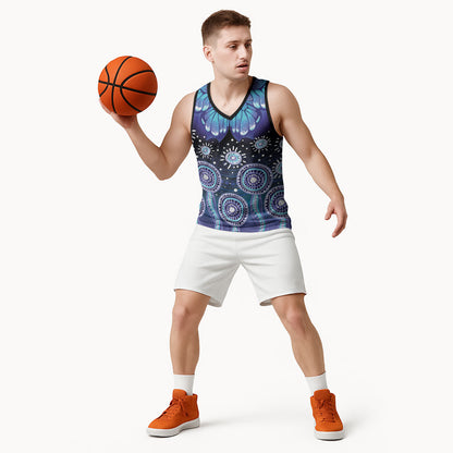 Dreamy Butterfly Collar Australia Purple Teal Hopeful Sky Basketball Jersey Indigenous Aboriginal Art