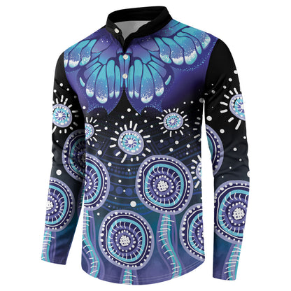 Dreamy Butterfly Collar Australia Purple Teal Hopeful Sky Button Sweatshirt Indigenous Aboriginal Art