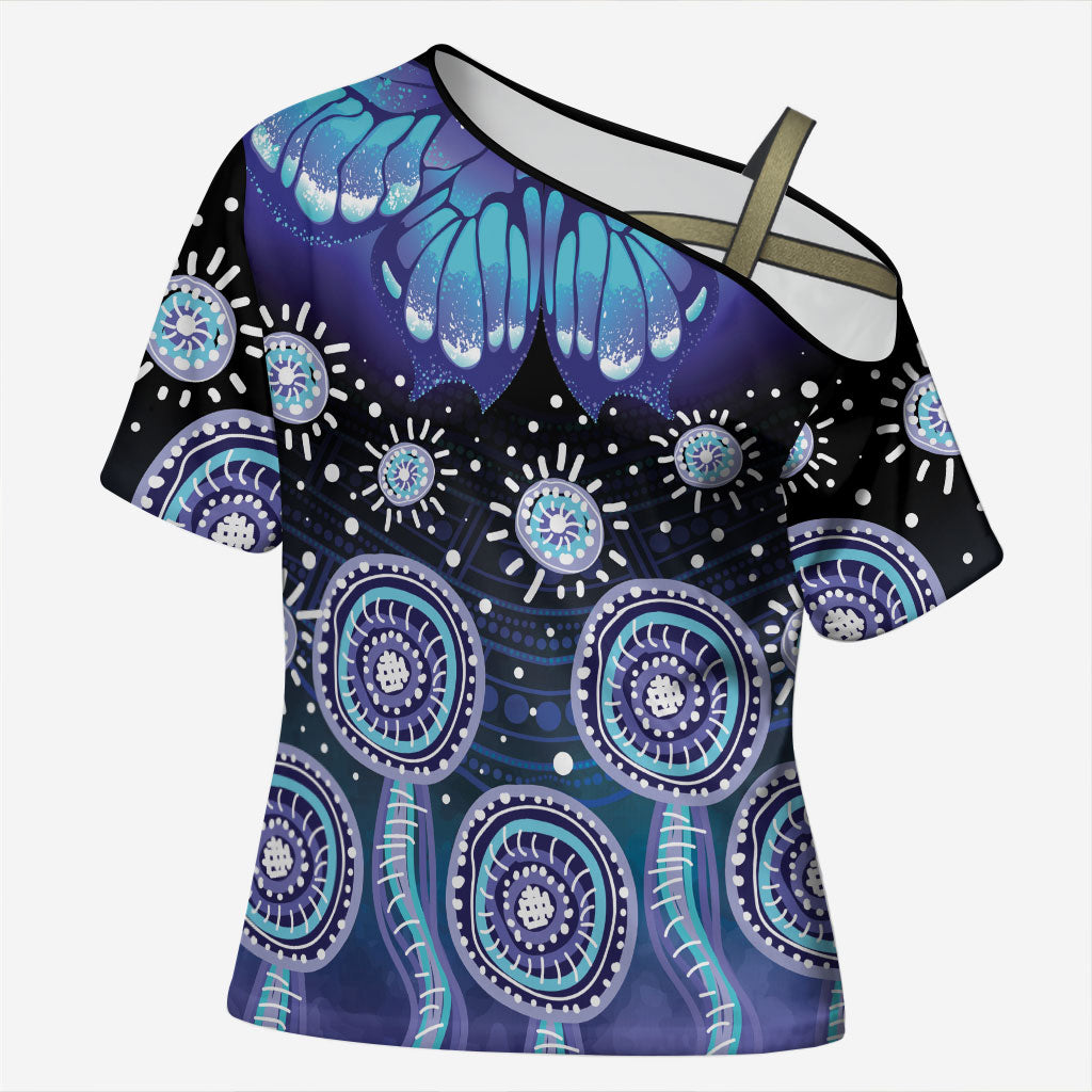 Dreamy Butterfly Collar Australia Purple Teal Hopeful Sky Cross Shoulder Shirt Indigenous Aboriginal Art