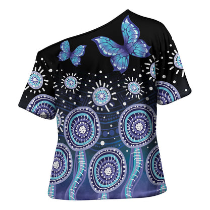 Dreamy Butterfly Collar Australia Purple Teal Hopeful Sky Cross Shoulder Shirt Indigenous Aboriginal Art