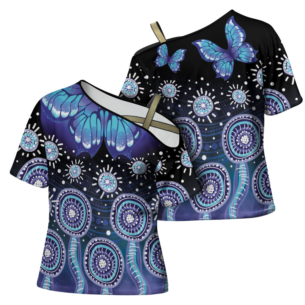 Dreamy Butterfly Collar Australia Purple Teal Hopeful Sky Cross Shoulder Shirt Indigenous Aboriginal Art