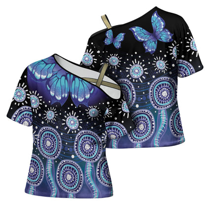 Dreamy Butterfly Collar Australia Purple Teal Hopeful Sky Cross Shoulder Shirt Indigenous Aboriginal Art