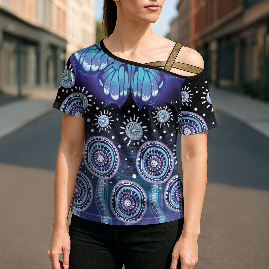 Dreamy Butterfly Collar Australia Purple Teal Hopeful Sky Cross Shoulder Shirt Indigenous Aboriginal Art