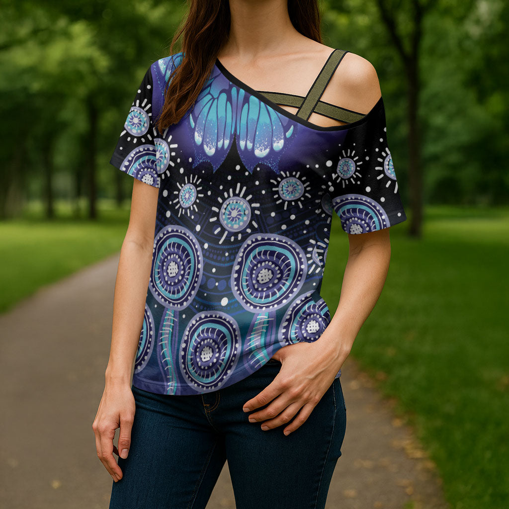 Dreamy Butterfly Collar Australia Purple Teal Hopeful Sky Cross Shoulder Shirt Indigenous Aboriginal Art