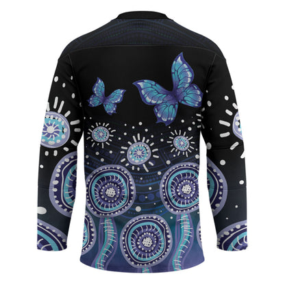 Dreamy Butterfly Collar Australia Purple Teal Hopeful Sky Hockey Jersey Indigenous Aboriginal Art