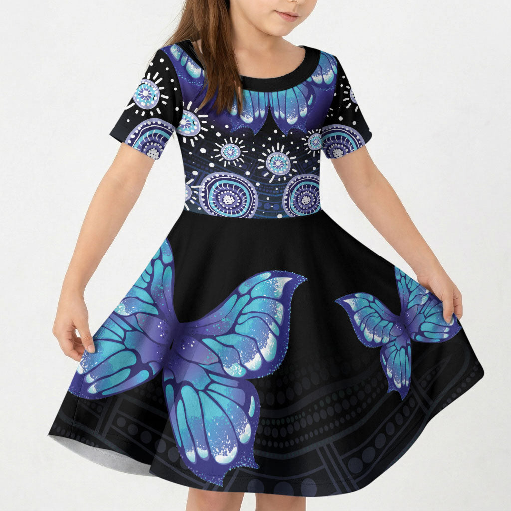 Dreamy Butterfly Collar Australia Purple Teal Hopeful Sky Kid Short Sleeve Dress Indigenous Aboriginal Art