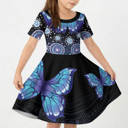 Dreamy Butterfly Collar Australia Purple Teal Hopeful Sky Kid Short Sleeve Dress Indigenous Aboriginal Art
