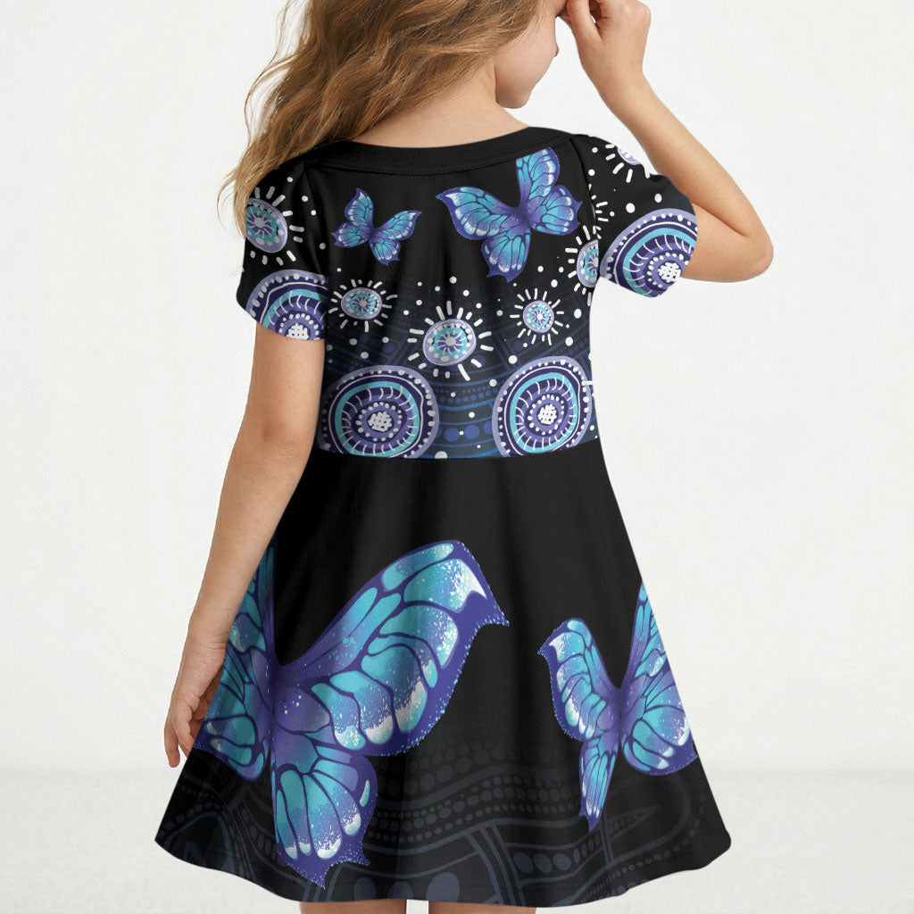 Dreamy Butterfly Collar Australia Purple Teal Hopeful Sky Kid Short Sleeve Dress Indigenous Aboriginal Art